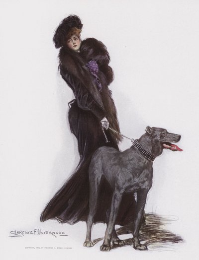 彼女の犬を歩く女性 作： Clarence F. Underwood
